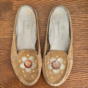 Cole Haan Tan Suede Moccasins with Colorful Floral Design